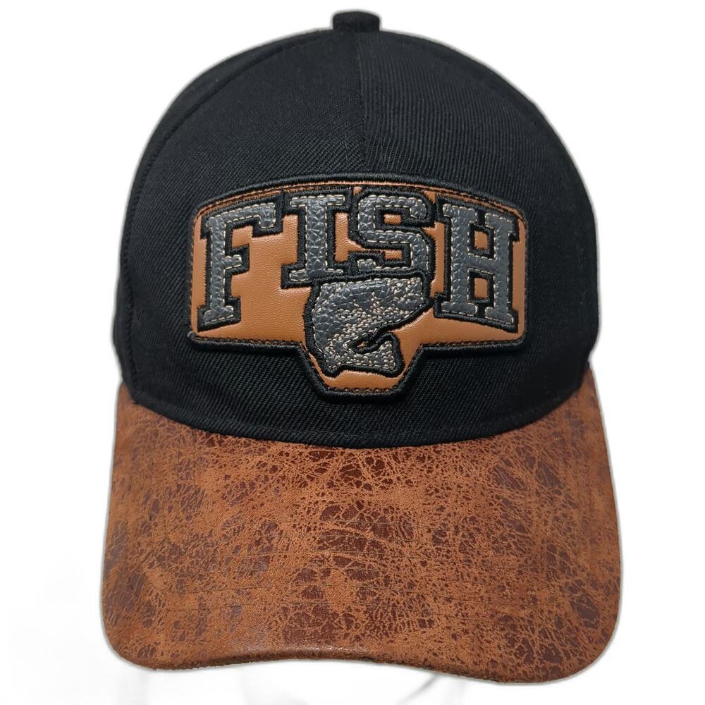 Black Eagle Baseball Cap Black Brown One Size Faux Leather Visor FISH Patch Hat